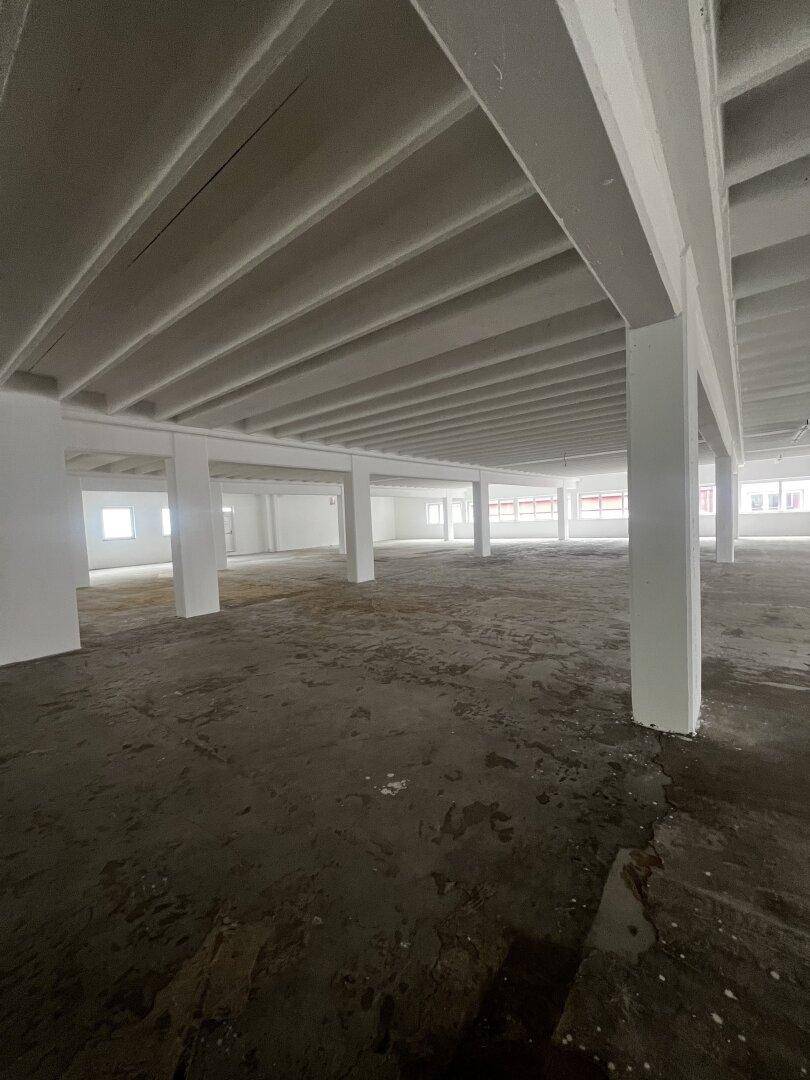 Weitläufiger, säulengetragener Gewerberaum mit Betonboden und hohen Decken, bietet vielseitige Nutzungsmöglichkeiten.