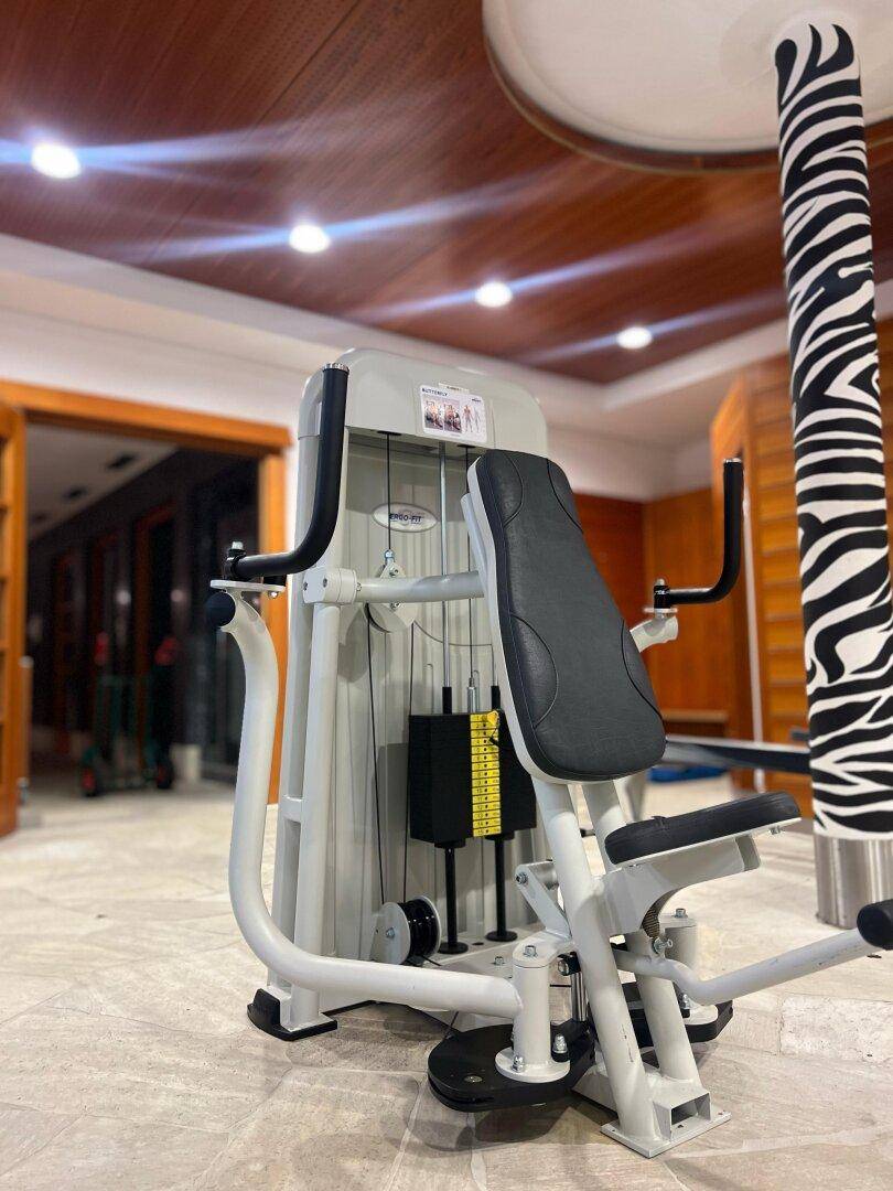 Fitnessraum mit professionellem Trainingsgerät und moderner Beleuchtung in einem privaten Bereich.