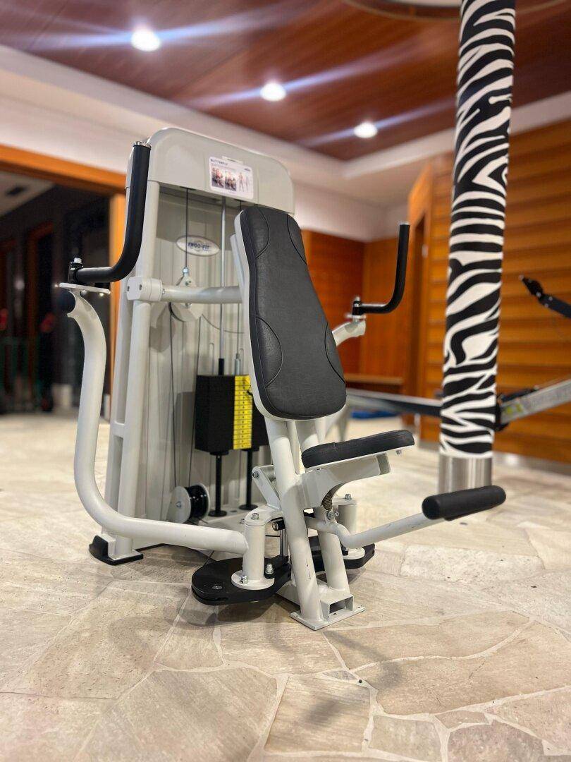 Heim-Fitnessraum mit Brustpresse, Holzwandverkleidung und gefliestem Boden.