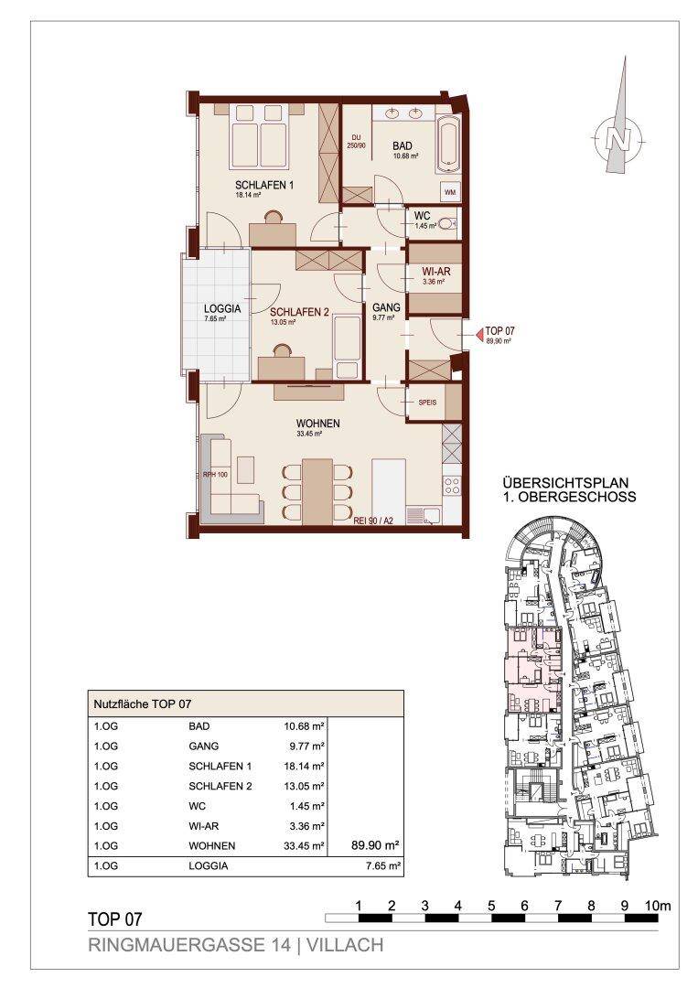 Detaillierter Grundriss einer Wohnung mit zwei Schlafzimmern, Wohnbereich, Bad und Loggia.