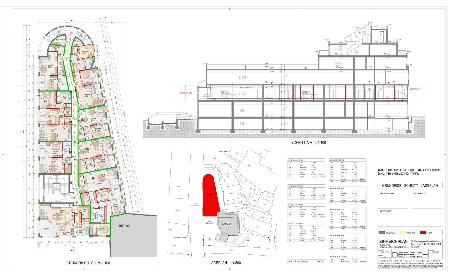 Umfassende Baupläne mit Grundriss, Schnittansicht und Lageplan des Gebäudes.