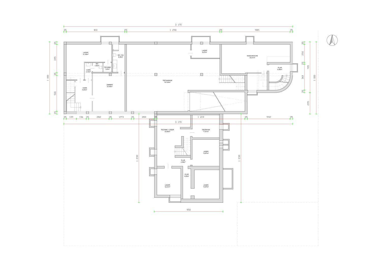 Moderner Grundrissplan des Obergeschosses mit verschiedenen Räumen und einem Lagerbereich.