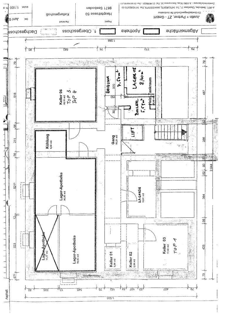Grundriss des Kellergeschosses mit verschiedenen Lagerräumen und Kellern für die Apotheke.
