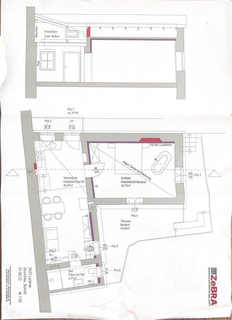Grundriss mit offenem Wohn- und Küchenbereich, Schlafzimmer, Bad und einer großzügigen Terrasse.