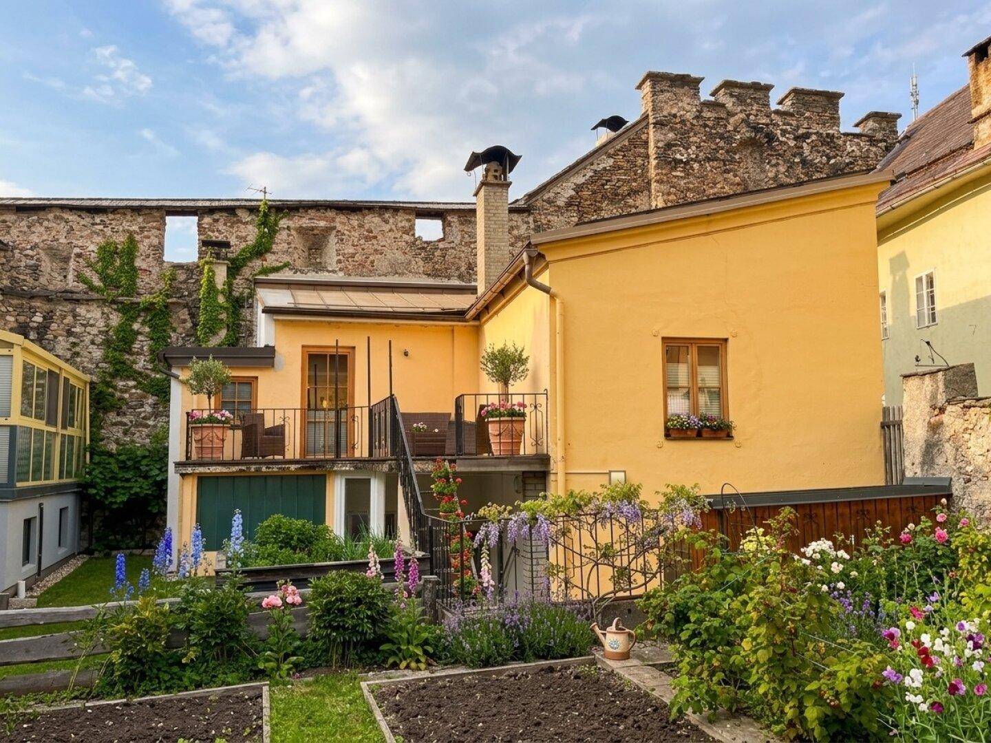 Rückseite des Gebäudes mit einem kleinen Balkon, Gartenmöbeln und einem gepflegten Garten mit Blumenbeeten und Gemüseanbau.