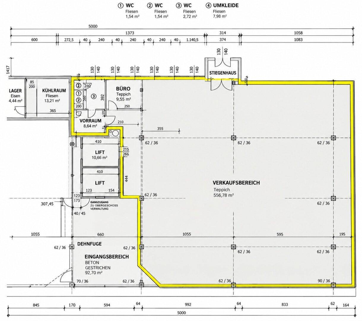 Detaillierter Grundrissplan eines Gewerbeobjekts mit Verkaufsfläche, Büros, Lager und Sanitärbereichen.