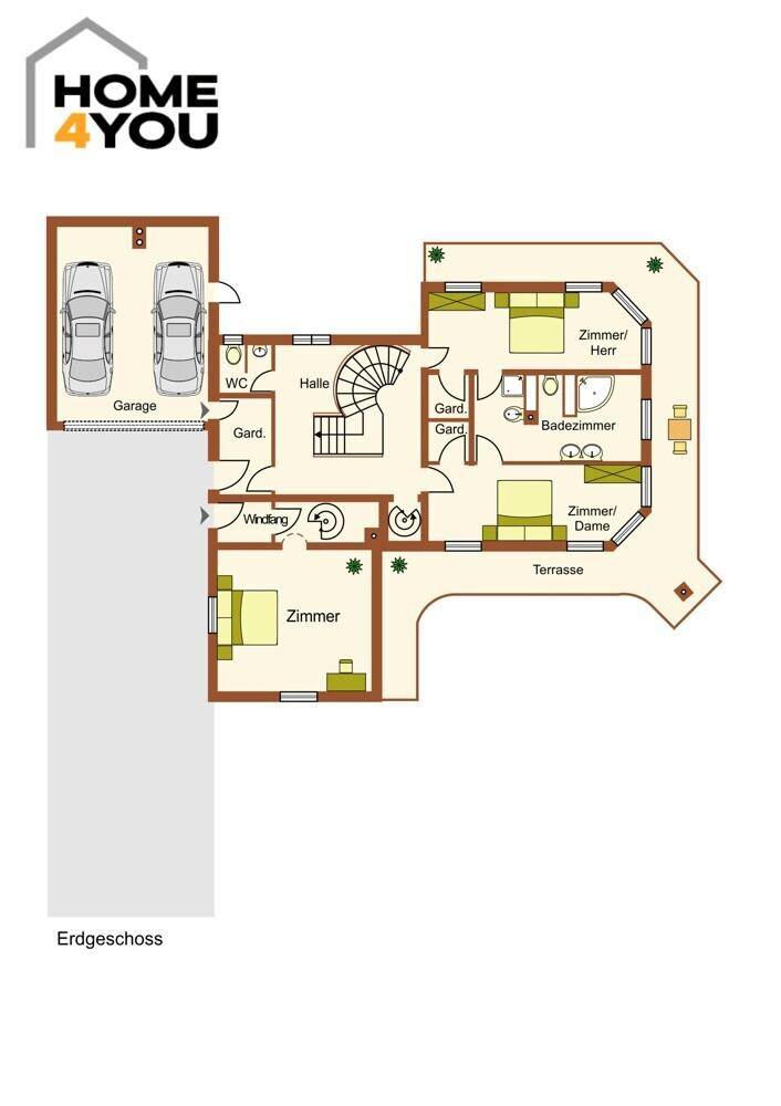 Grundriss des Erdgeschosses mit Garage, Terrasse und Schlafzimmern.