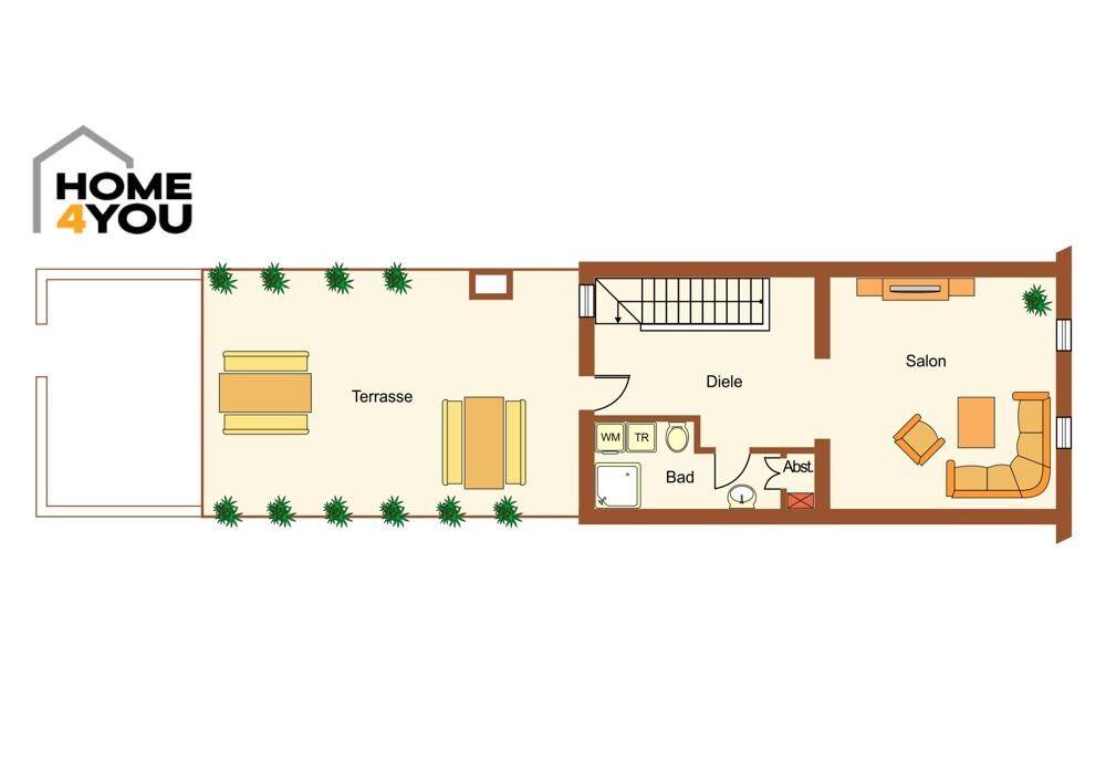 Grundriss zeigt eine Terrasse, einen Salon, ein Badezimmer und eine Diele mit Treppenaufgang.