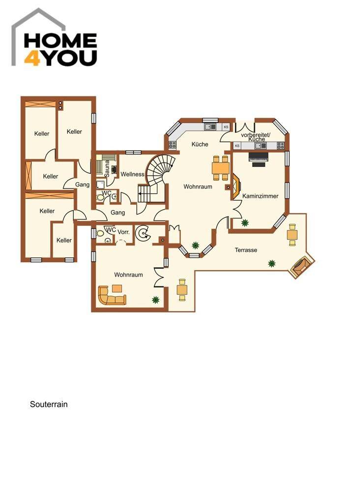 Grundriss des Souterrains mit Wellnessbereich, Küche, Wohnraum und Kellerräumen.