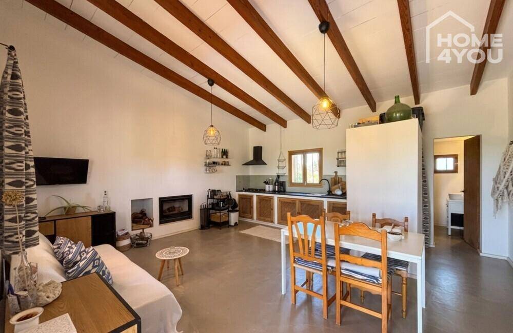 Offener Wohn-Essbereich mit integrierter Küche, Holzbalkendecke und Kamin.