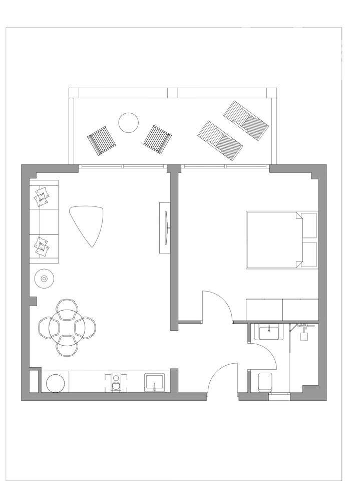 Grundriss einer Wohnung mit einem Schlafzimmer, offenem Wohnbereich und Terrasse.