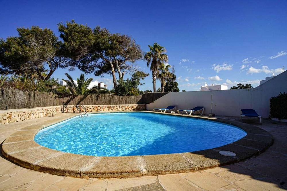Großer ovaler Swimmingpool im Freien, umgeben von Palmen und Liegestühlen unter blauem Himmel.
