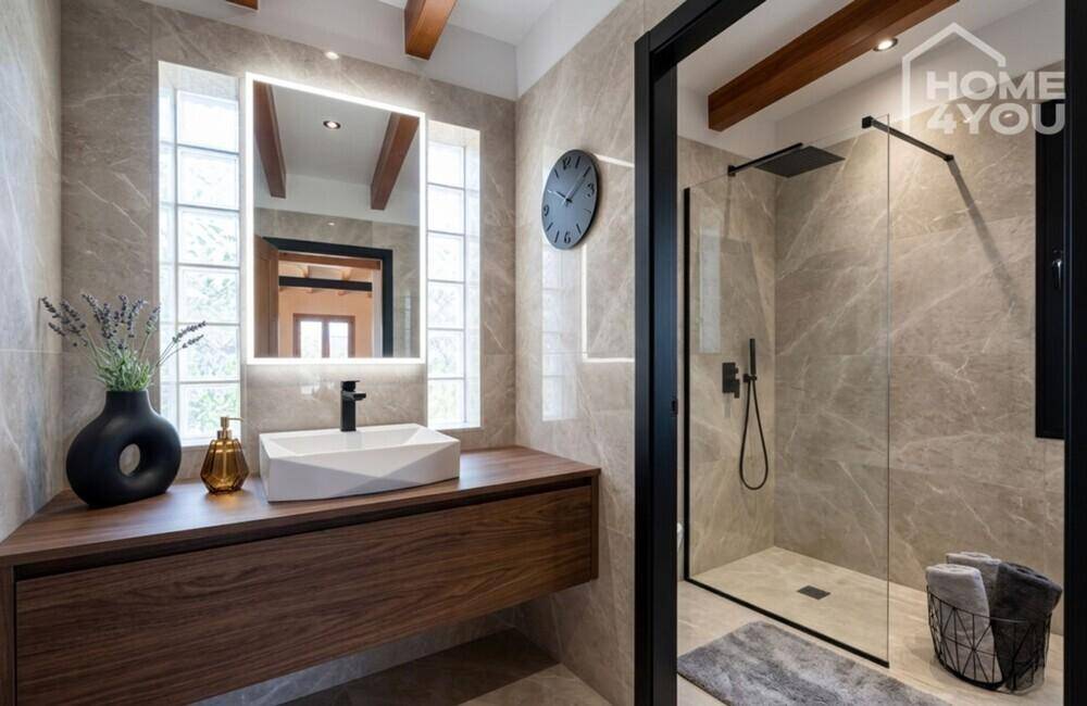 Modernes Badezimmer mit schwebendem Holzwaschtisch, Marmoroptik-Fliesen und begehbarer Dusche.
