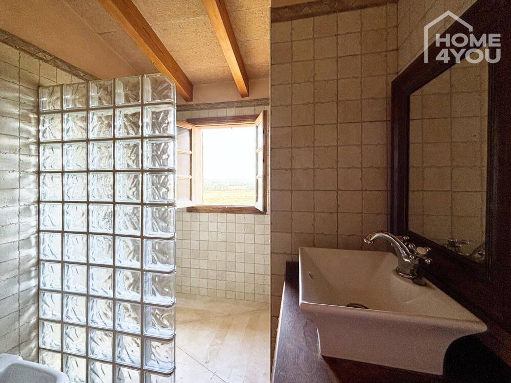 Badezimmer mit Glasbausteinwand, traditionellem Waschbecken und Fenster.