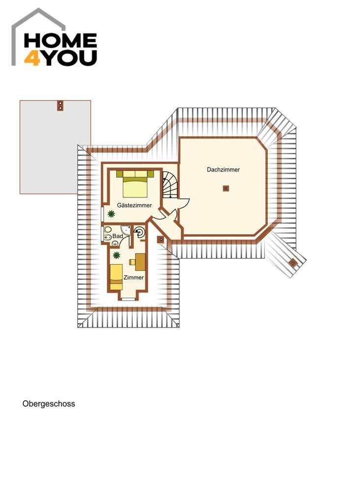 Grundriss des Obergeschosses mit Dachzimmer, Gästezimmer und Badezimmer.