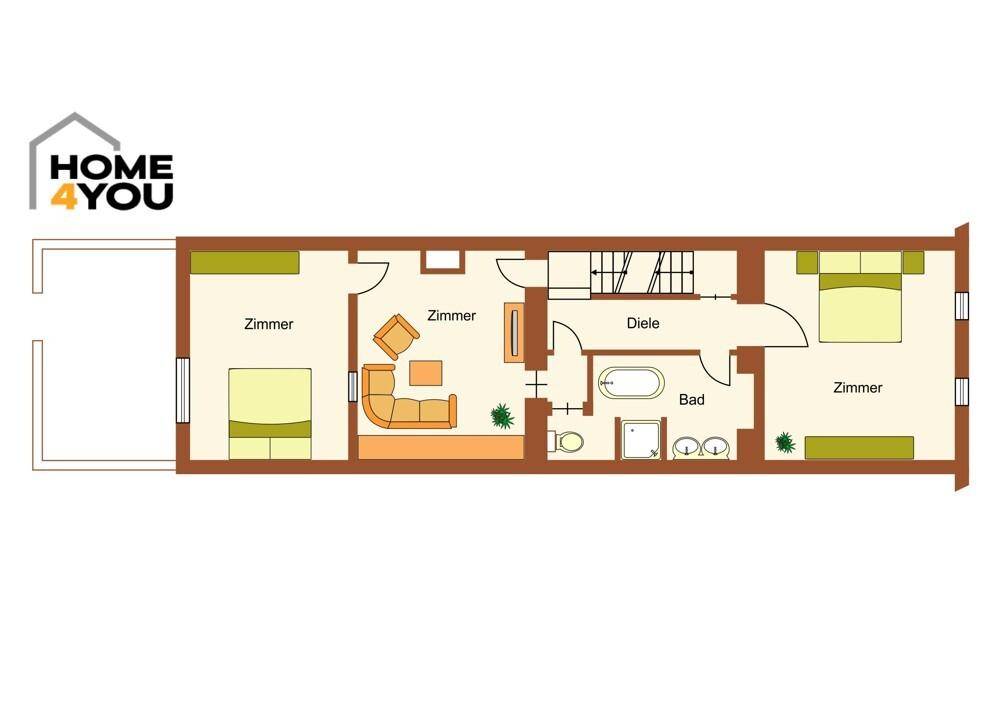 Grundriss des Obergeschosses mit drei Zimmern, Diele und Badezimmer mit Badewanne und Doppelwaschbecken.