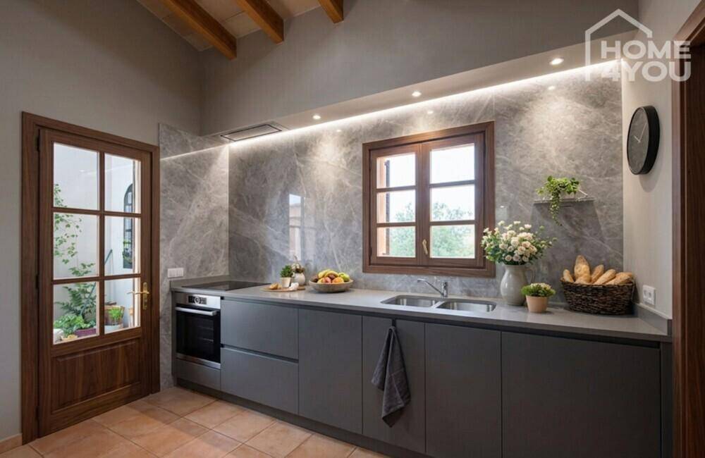 Moderne Küche mit grauen Schränken, Marmoroptik-Rückwand und integrierter Beleuchtung.