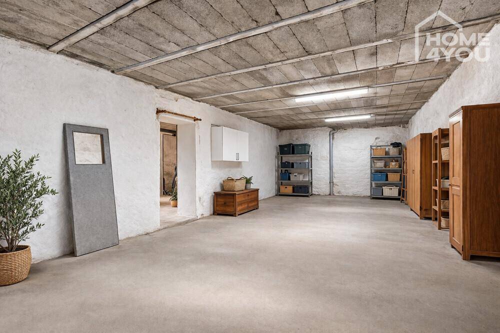 Geräumiger Kellerraum mit Betonboden und Regalen für Lagerzwecke.