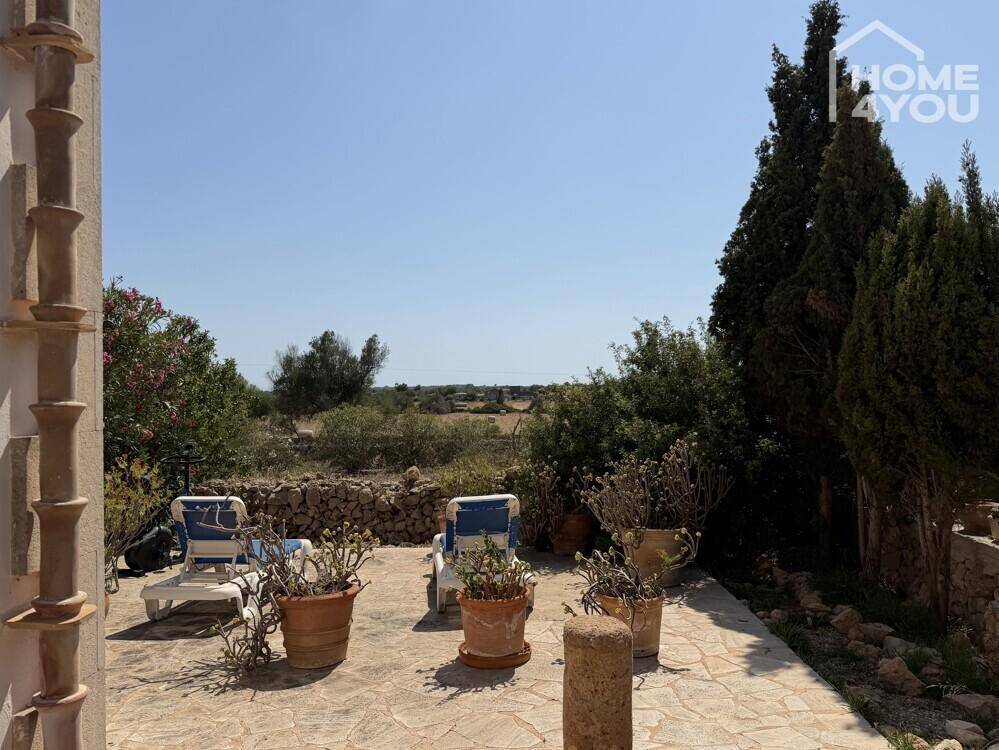 Sonniger Terrassenbereich mit Liegestühlen und weitem Blick in die Landschaft.