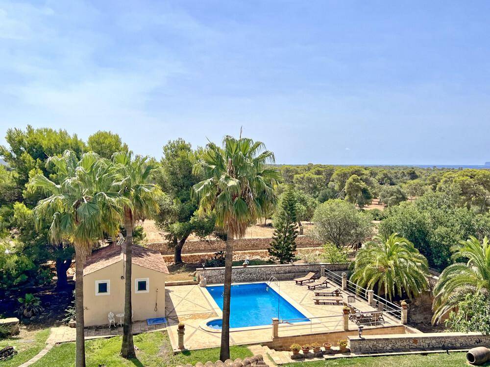 Panoramablick auf das Anwesen mit Pool, Palmen und weitem Meerblick in der Ferne.