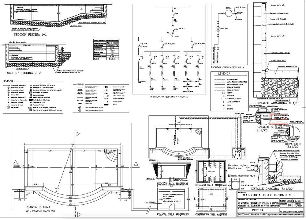 Technischer Plan für den Poolbereich mit verschiedenen Ansichten und Details.