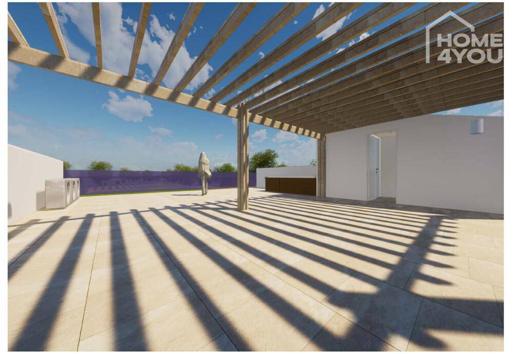 Weitläufige Dachterrasse mit Holzpergola, ideal für Entspannung und Mahlzeiten im Freien.