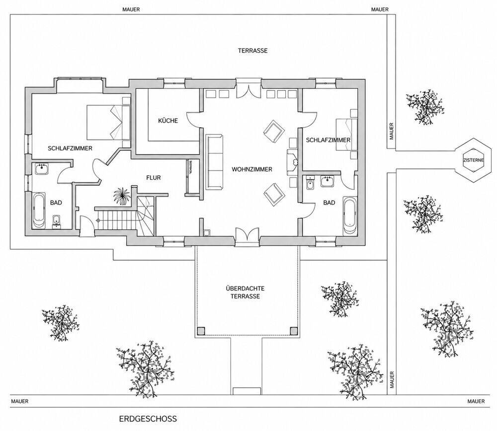 Grundriss des Erdgeschosses mit offenem Wohnbereich, zwei Schlafzimmern, zwei Bädern und zwei Terrassen.
