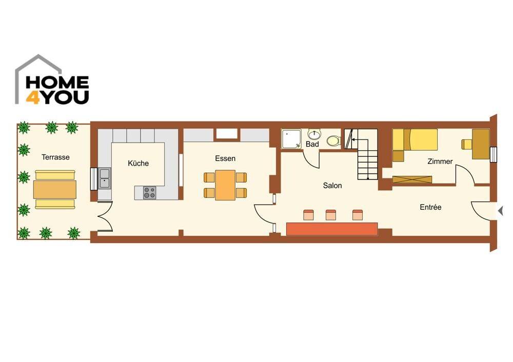 Grundriss des Erdgeschosses mit Terrasse, Küche, Essbereich, Salon und Schlafzimmer.