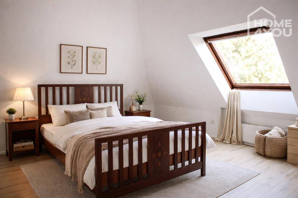 Helles Schlafzimmer im Dachgeschoss mit Holzbett, schrägen Wänden und Dachfenster.