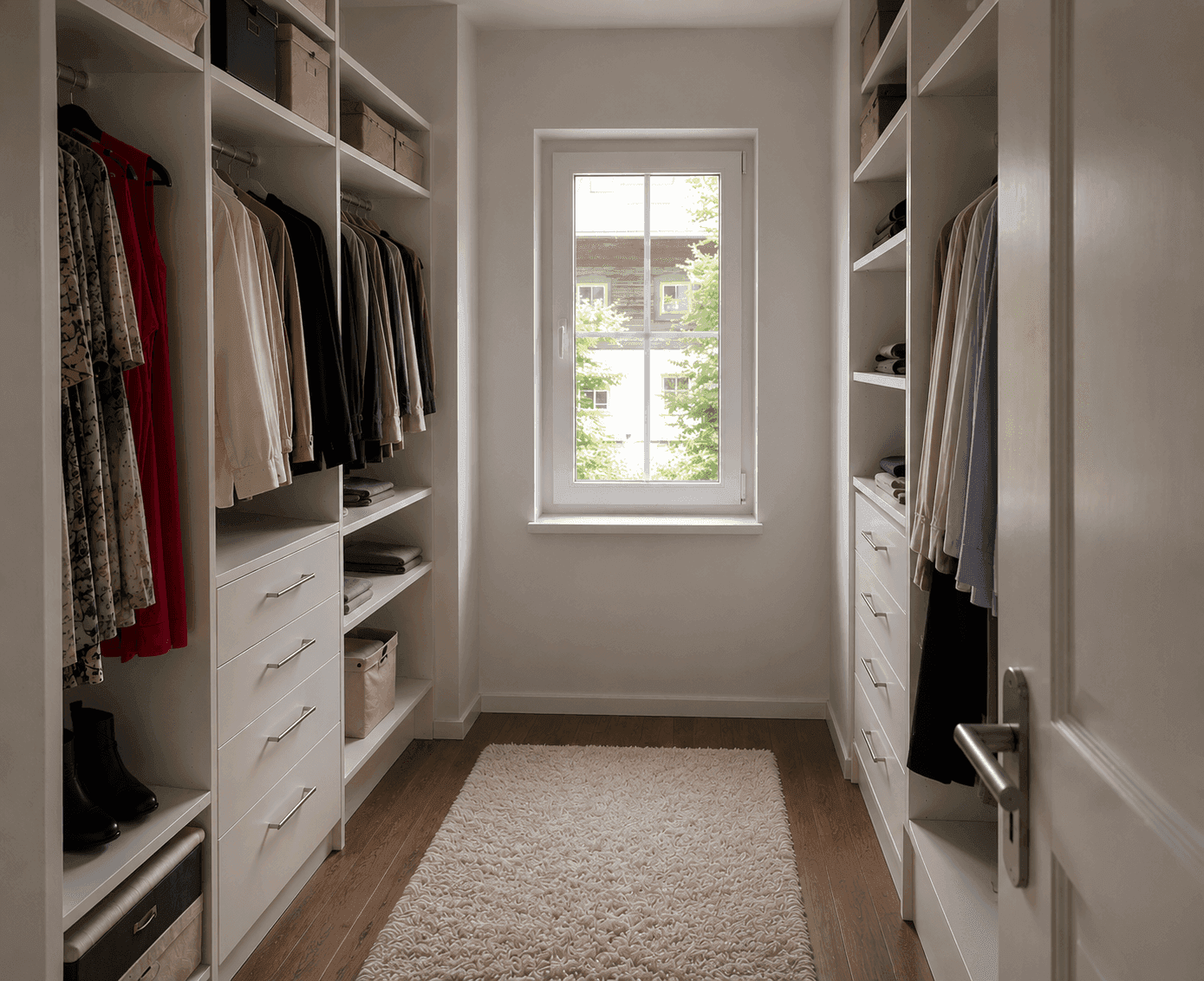 Geräumiger begehbarer Kleiderschrank mit viel Stauraum und Fenster.