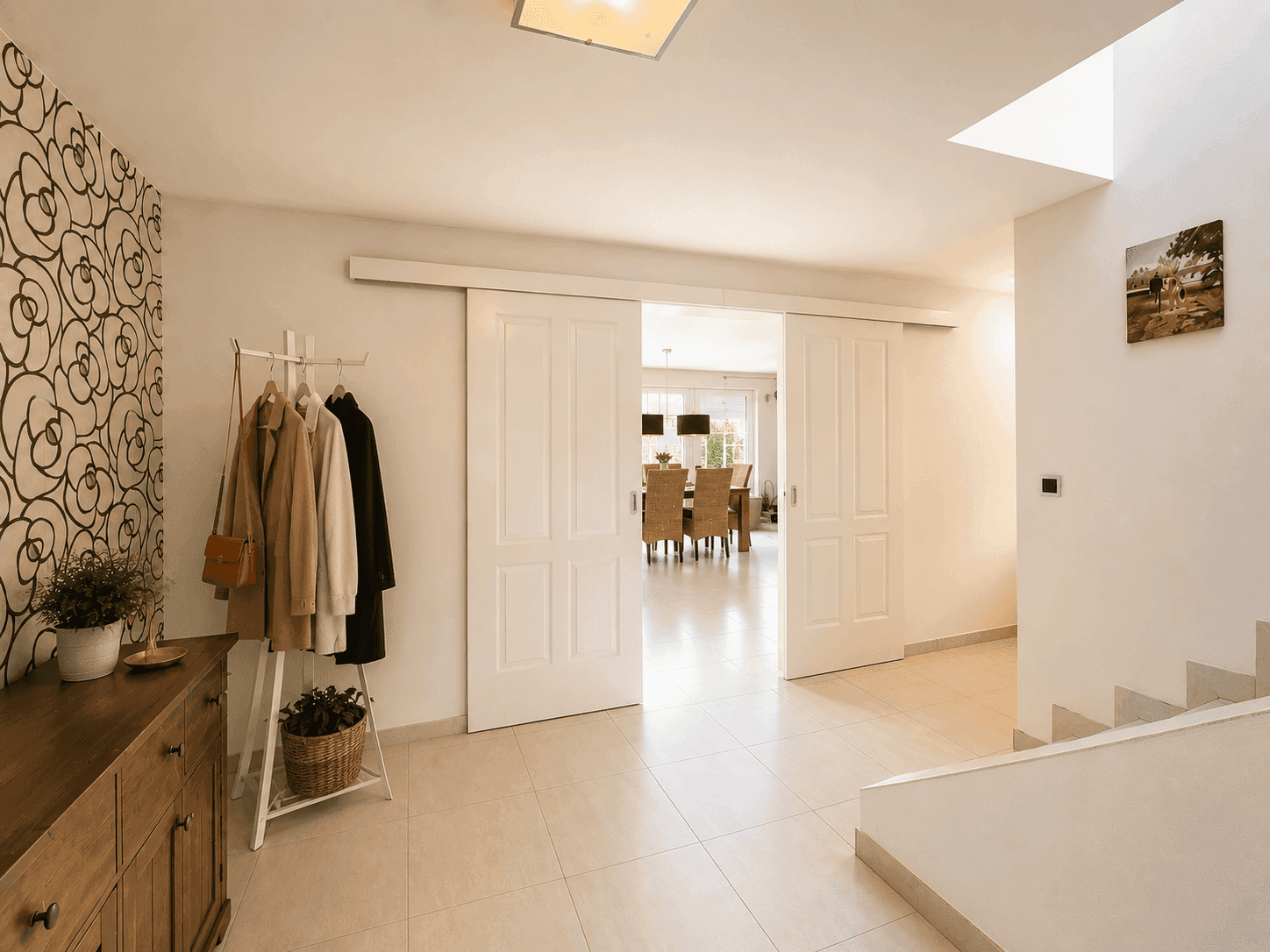 Heller Eingangsbereich mit Fliesenboden, Garderobe und Schiebetüren zum Essbereich.