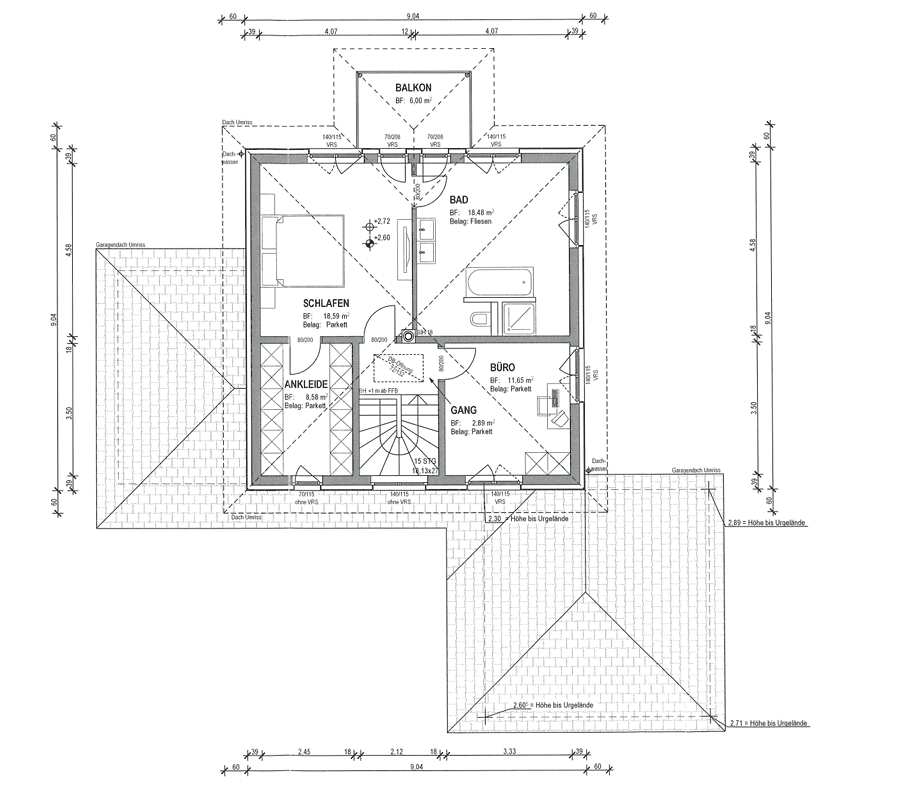 Grundriss des Obergeschosses mit Schlafzimmer, Ankleide, Bad, Büro und Balkon.