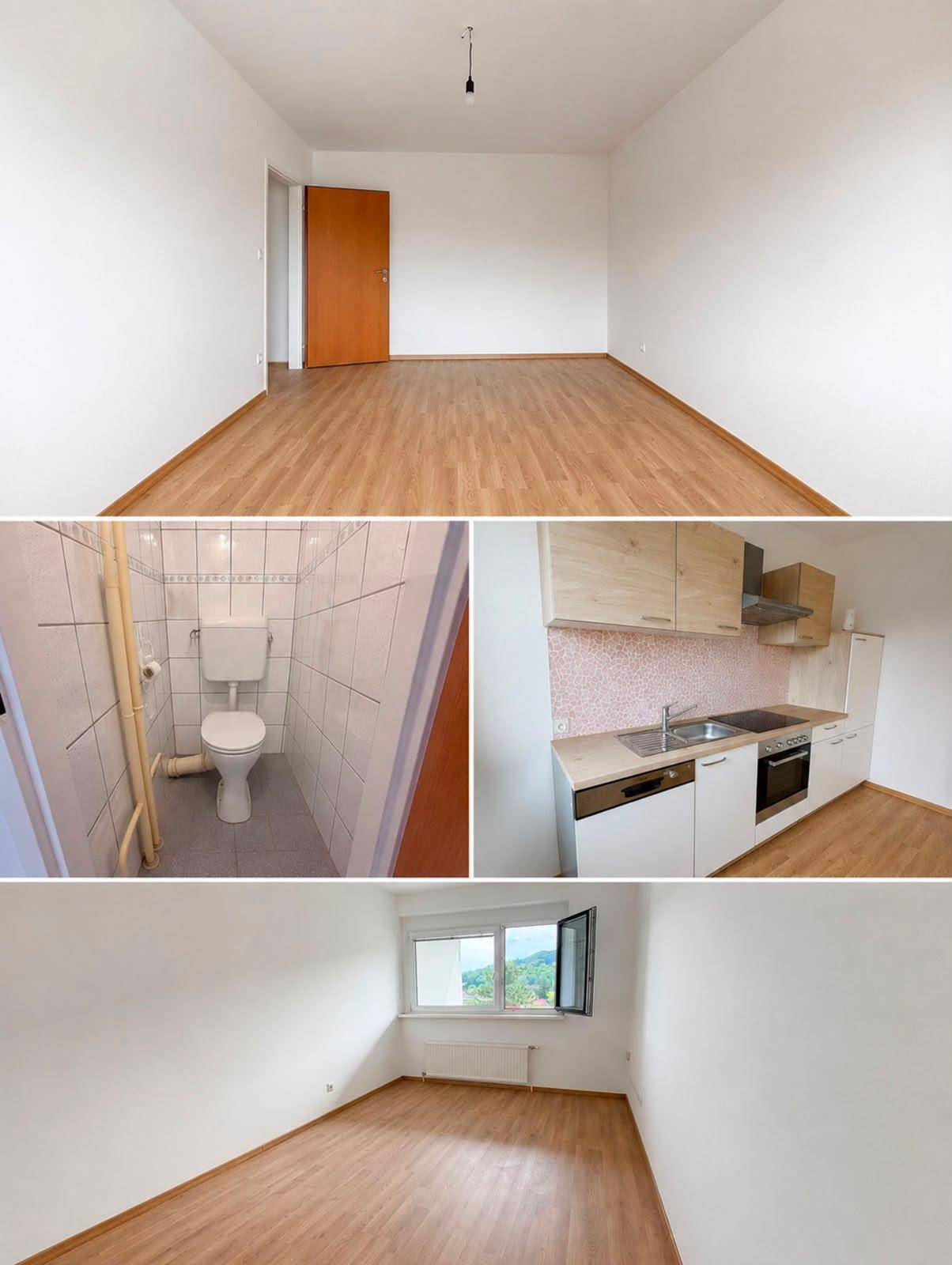 Collage zeigt ein leeres Zimmer, eine Toilette und eine kleine Einbauküche mit Geräten.