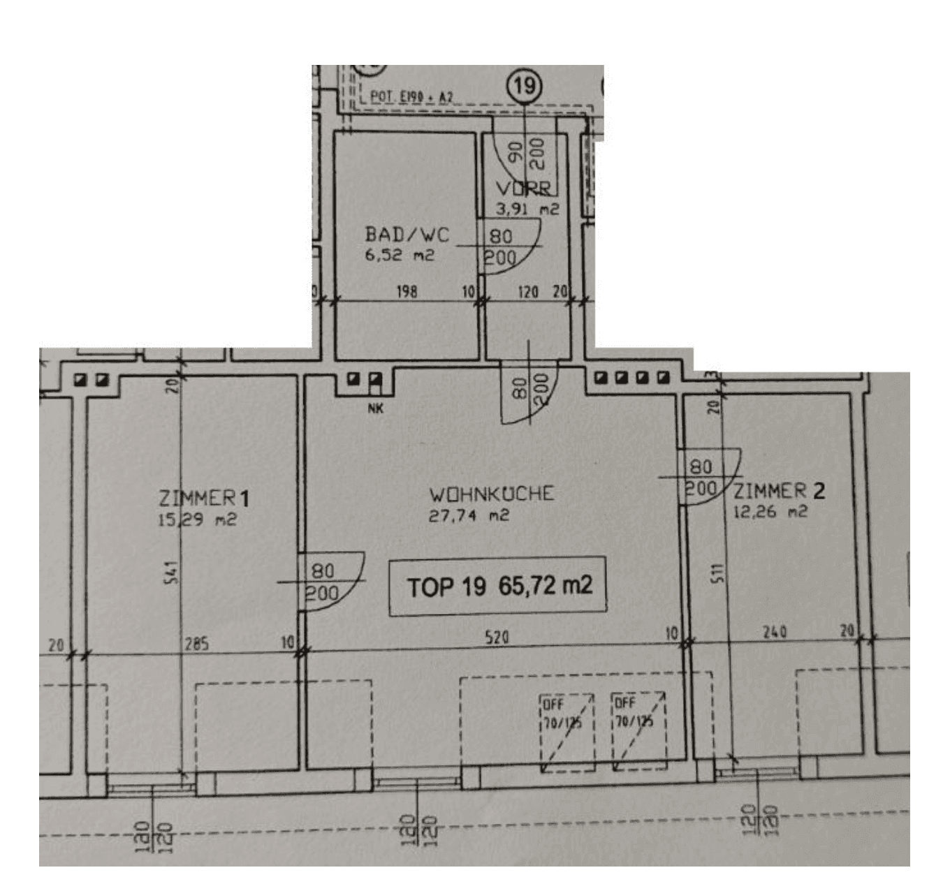 Grundriss der Wohnung mit Wohnküche, zwei Zimmern und Bad/WC.