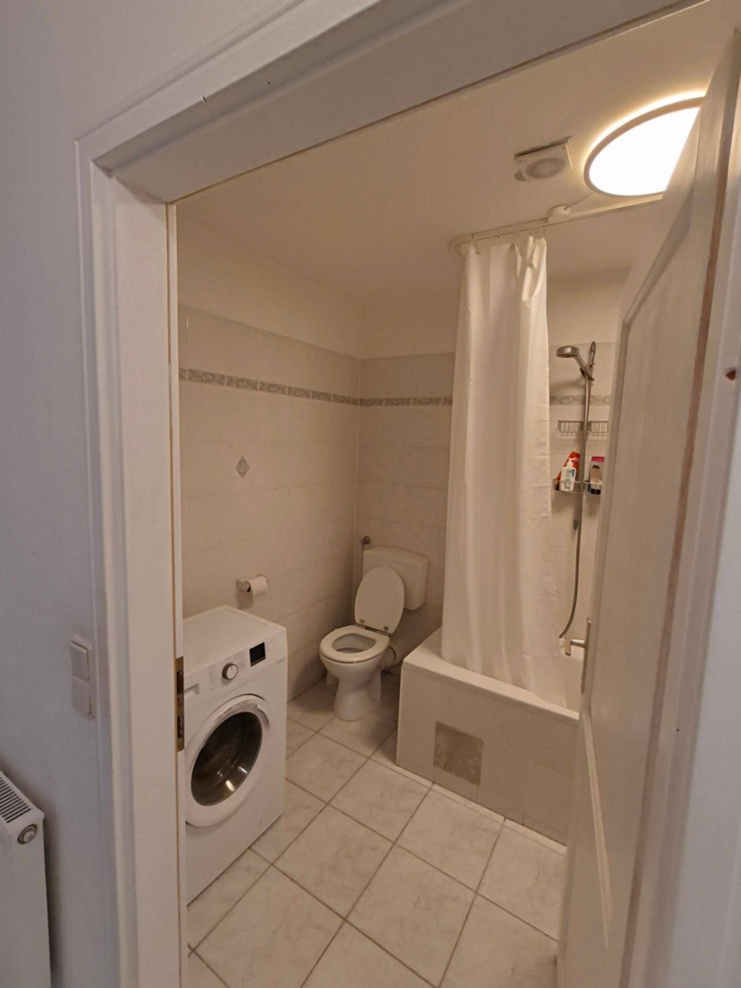 Blick durch die Tür in das Badezimmer mit Waschmaschine, Toilette und Badewanne.