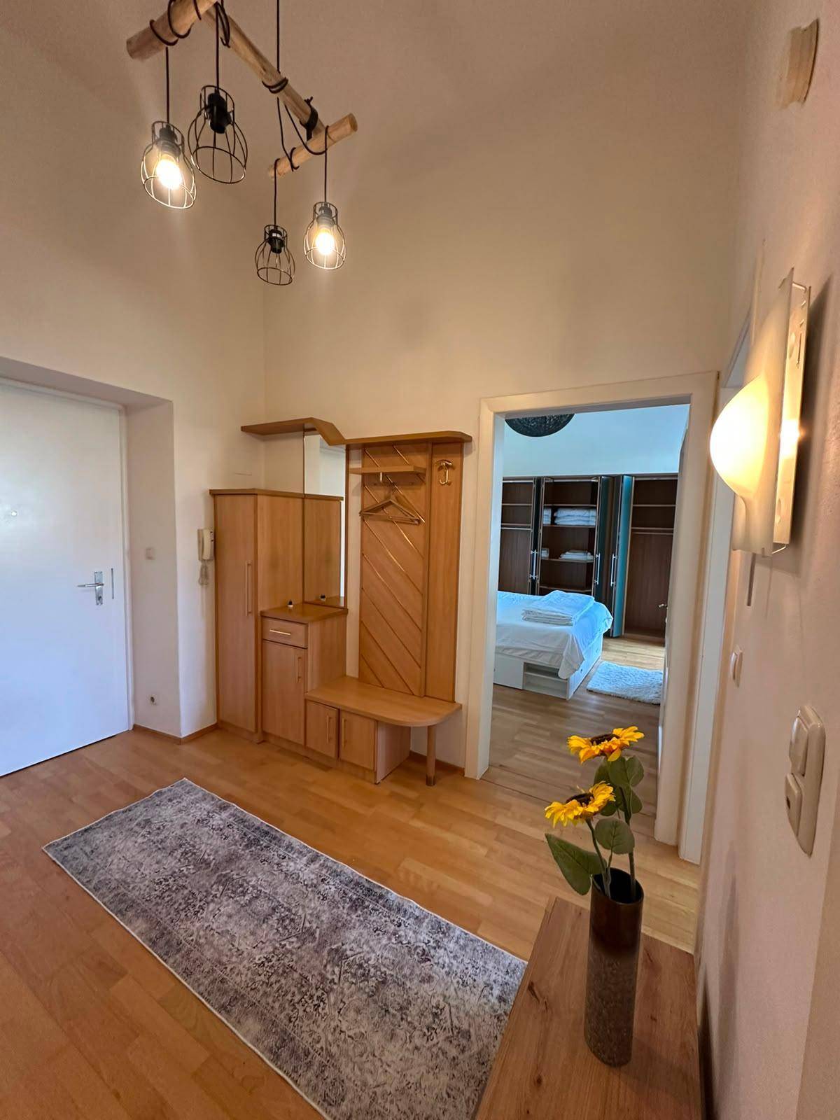 Eingangsbereich mit Garderobe, Holzmöbeln und Teppichläufer, der zu den Zimmern führt.
