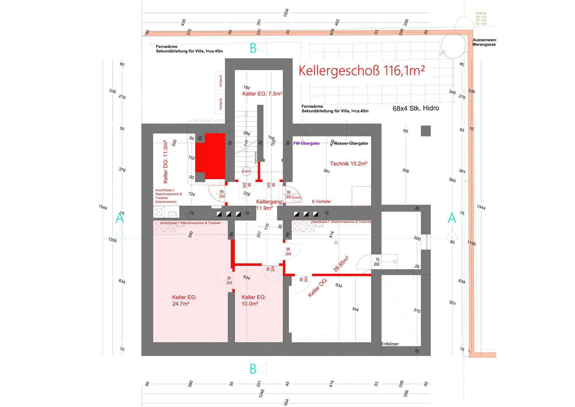 Grundriss des Kellergeschosses mit einer Fläche von 116,1m² und verschiedenen Kellerräumen.