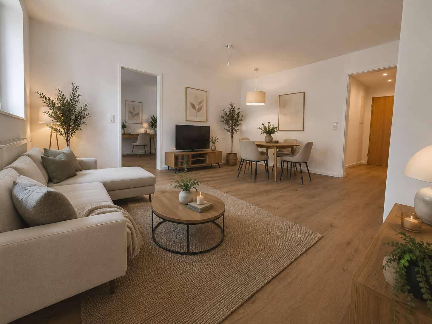Heller, offener Wohn- und Essbereich mit beigem Sofa, Holzboden und modernem Esstisch.