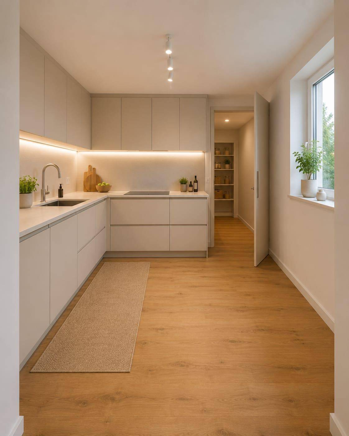 Moderne Küche mit hellgrauen Schränken, integrierten Geräten und Fenster für Tageslicht.