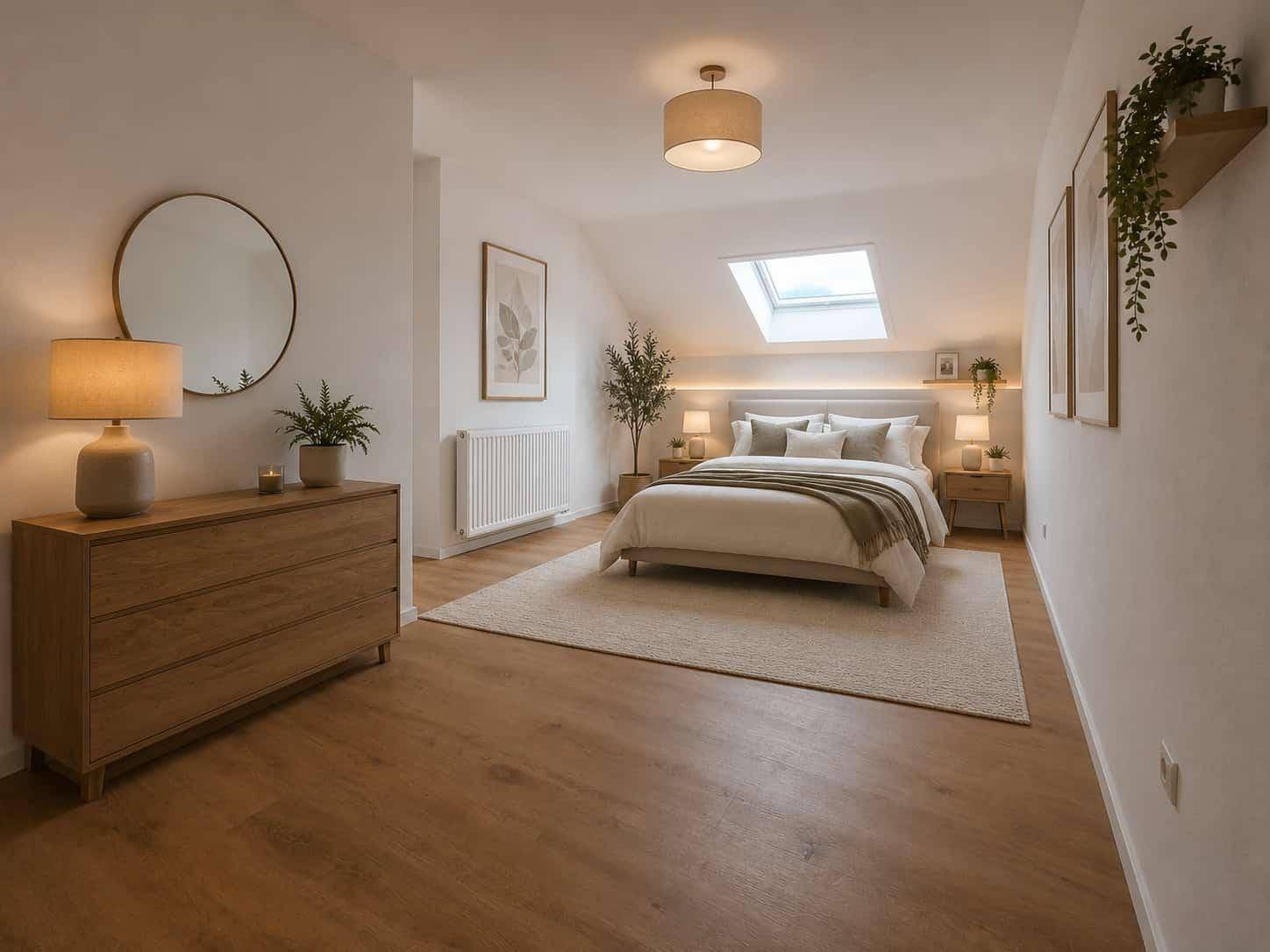 Gemütliches Schlafzimmer mit Dachschräge, Holzboden, großem Bett und einem Dachfenster.