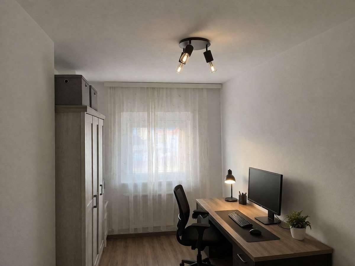 Funktionales Arbeitszimmer mit Schreibtisch, Bürostuhl und Kleiderschrank am Fenster.