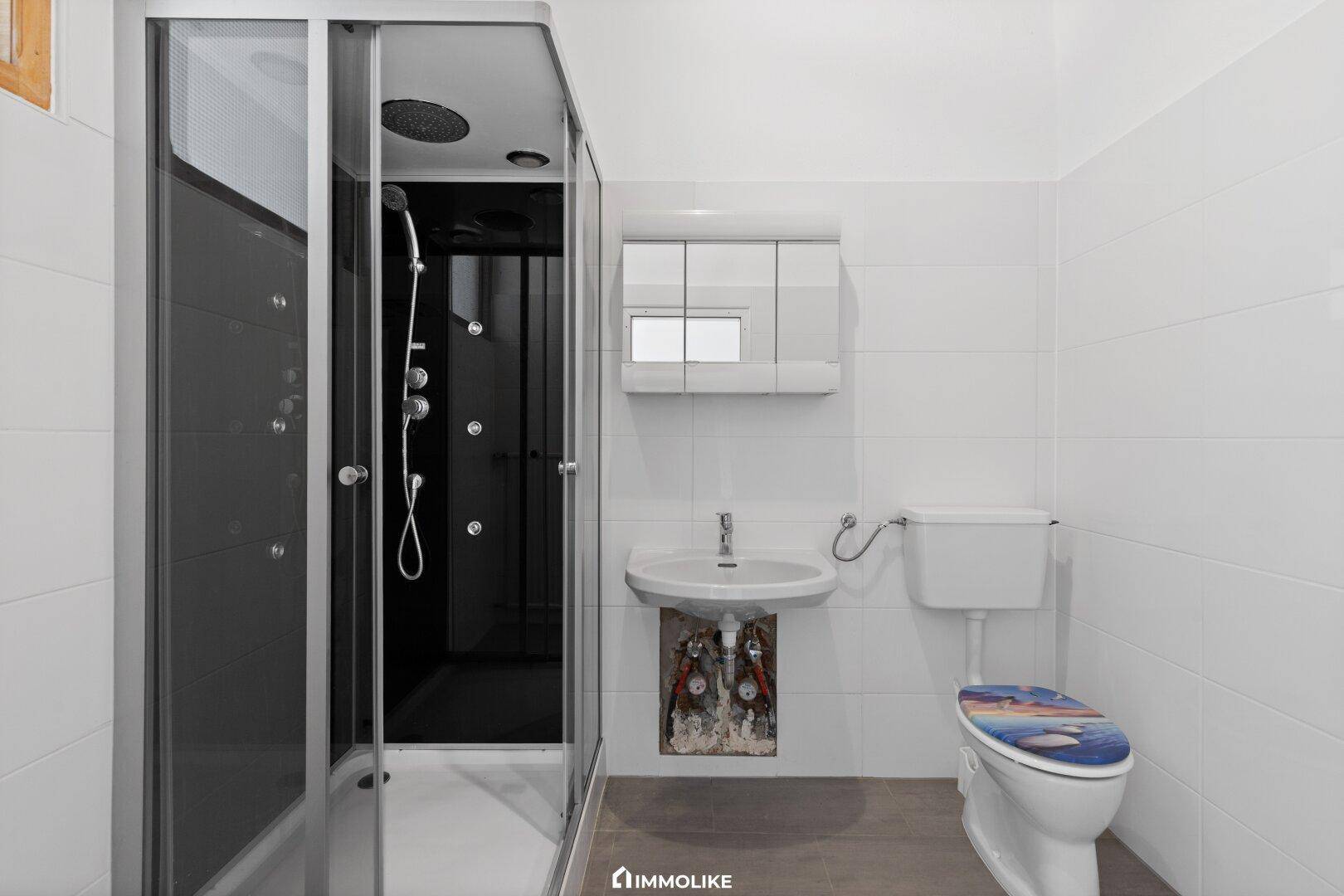 Badezimmer mit Duschkabine, Waschbecken und WC, teilweise renovierungsbedürftig.