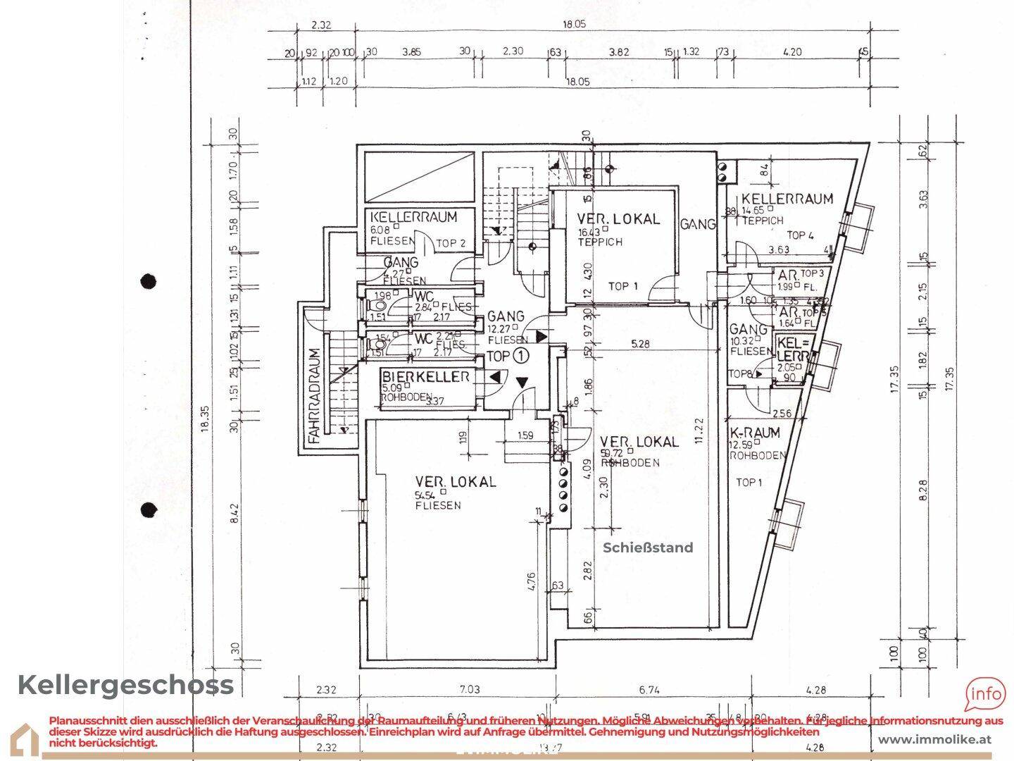 Grundriss des Kellergeschosses mit Kellerräumen, Fahrradraum und weiteren Nutzflächen.