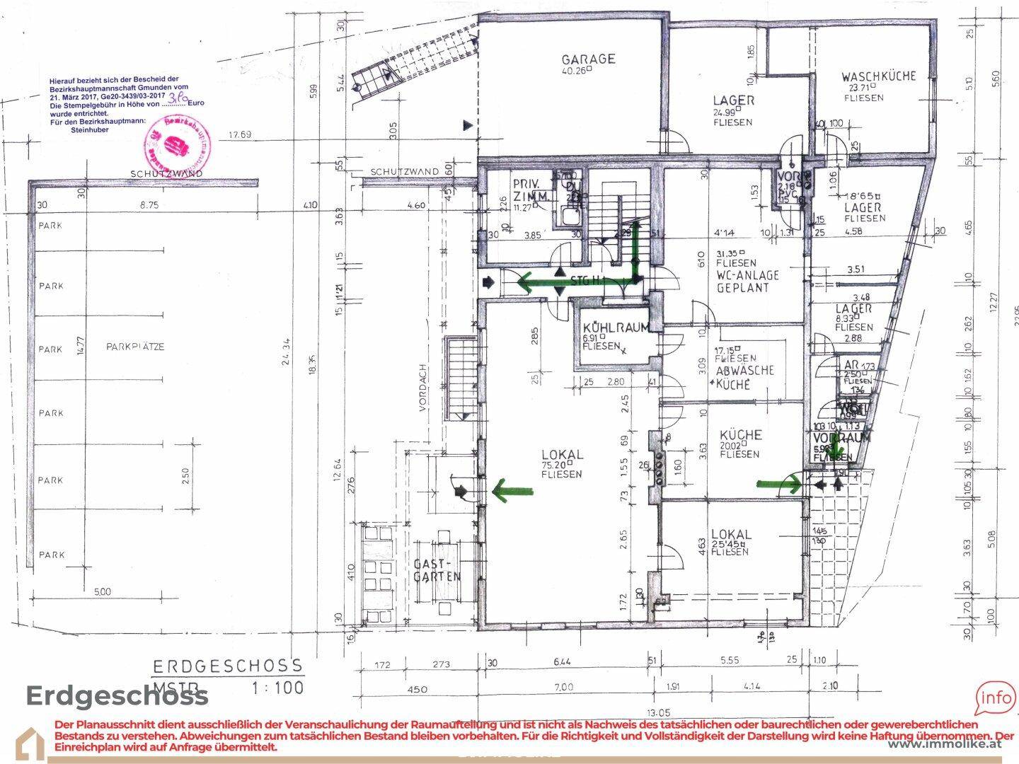Grundriss des Erdgeschosses mit Garage, Lagerflächen, Waschküche und Gastgarten.