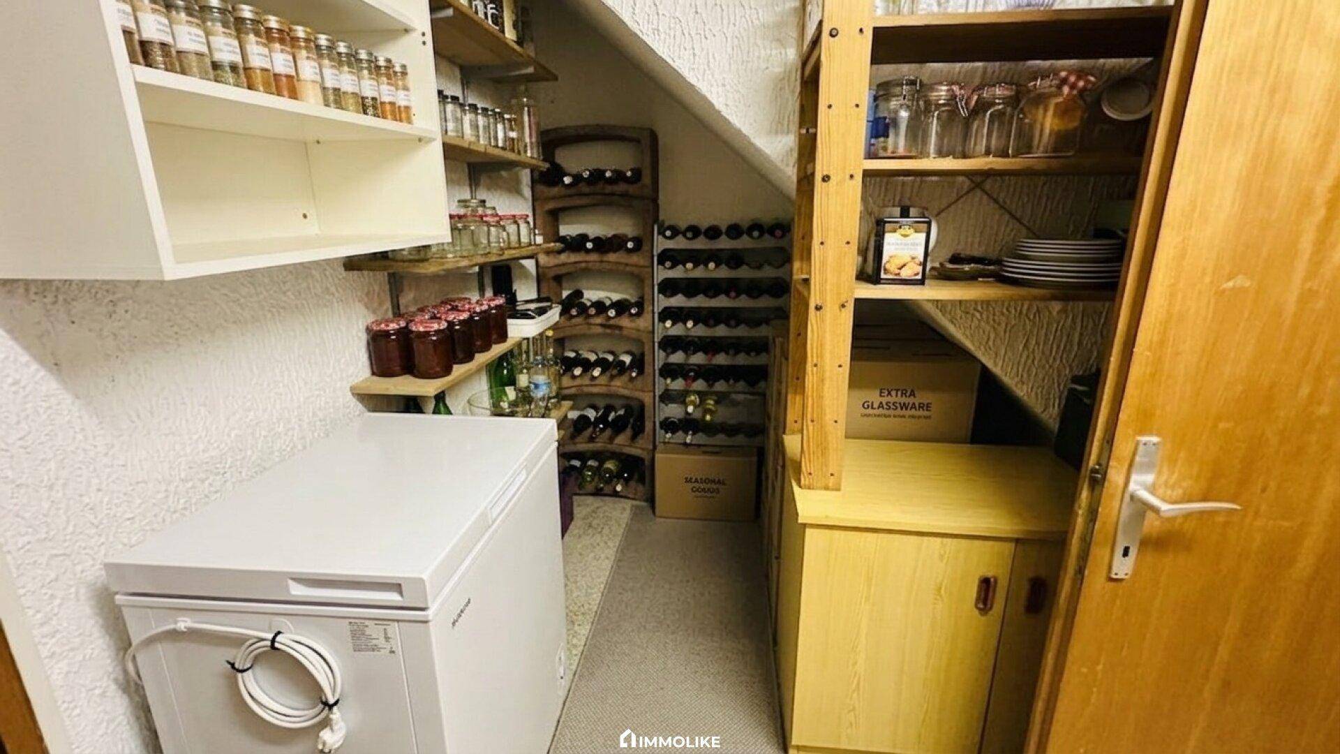 Vorratsraum unter der Treppe mit Weinregalen, Gewürzen und Gefriertruhe.