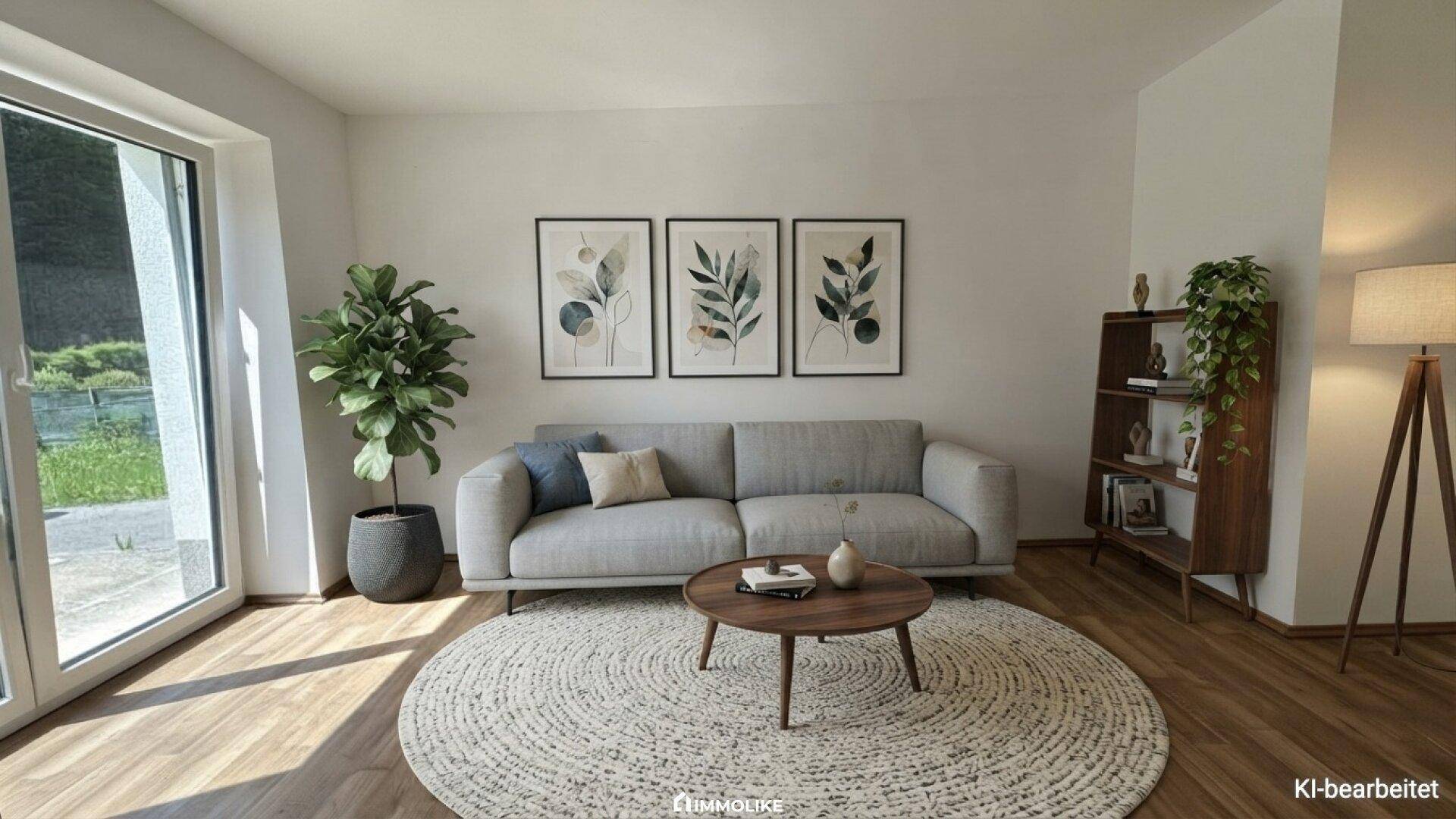 Helles Wohnzimmer mit modernem Sofa, Holzboden und Zugang zum Außenbereich.
