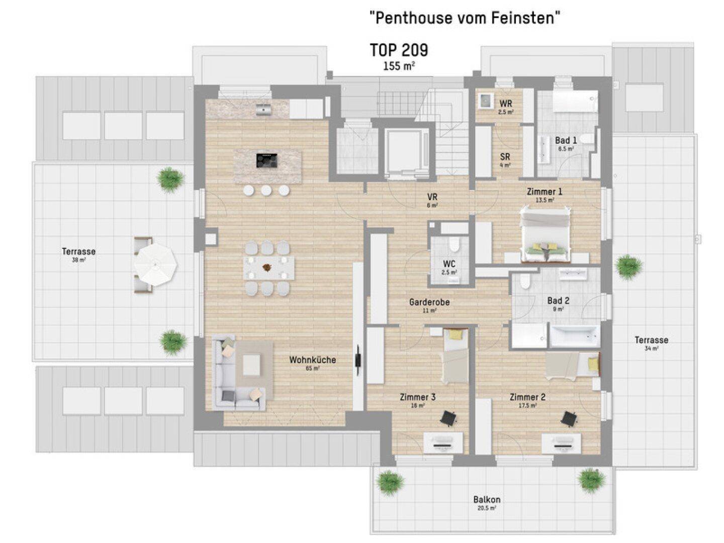 Grundriss eines luxuriösen Penthouses mit 155 m² Wohnfläche, großer Wohnküche, drei Schlafzimmern, zwei Bädern, Gäste-WC, Garderobe, Waschraum, Stauraum, zwei Terrassen und einem Balkon.