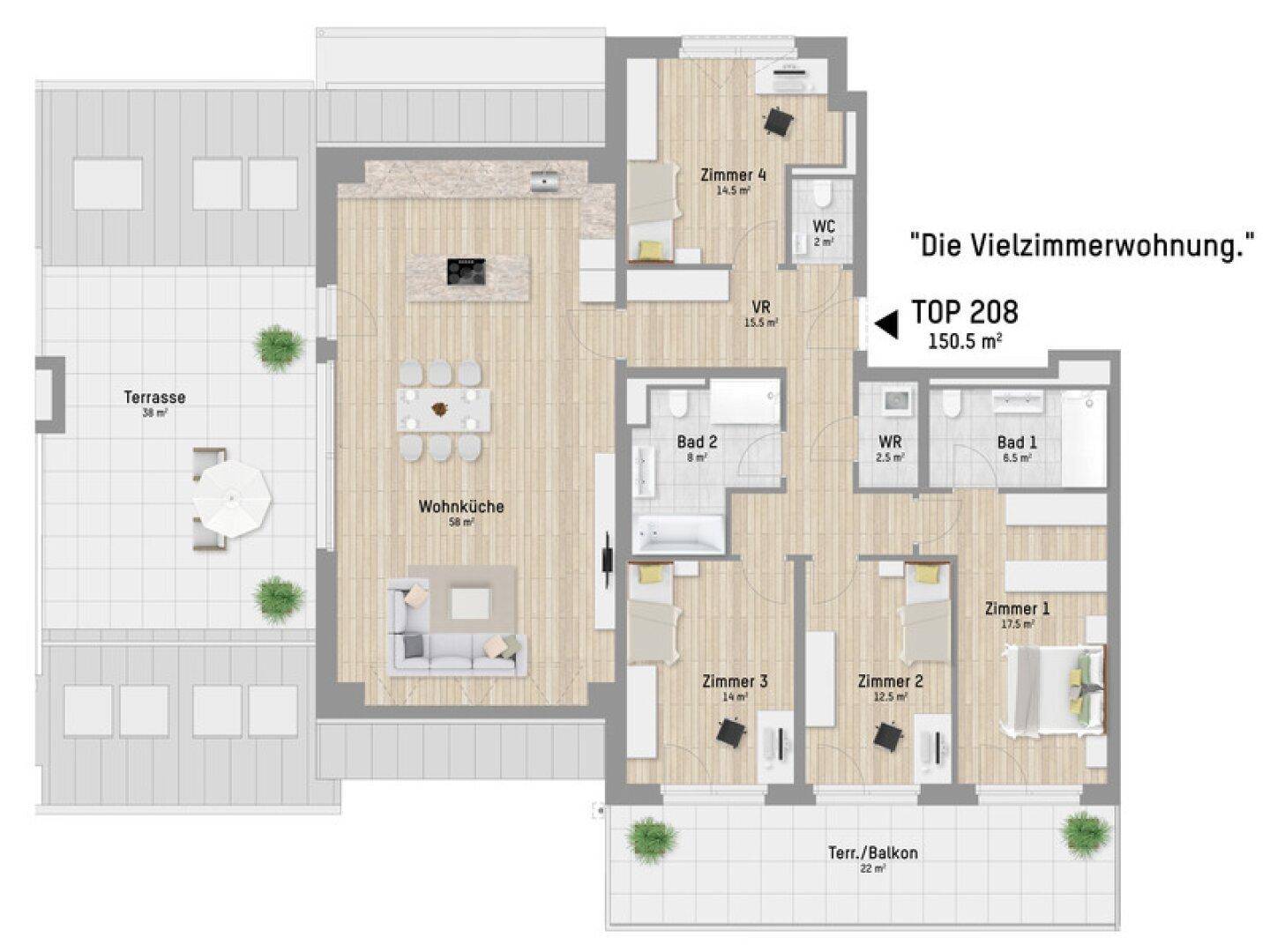 Grundriss einer Wohnung mit offener Wohnküche, mehreren Zimmern, Bädern und zwei Außenbereichen.