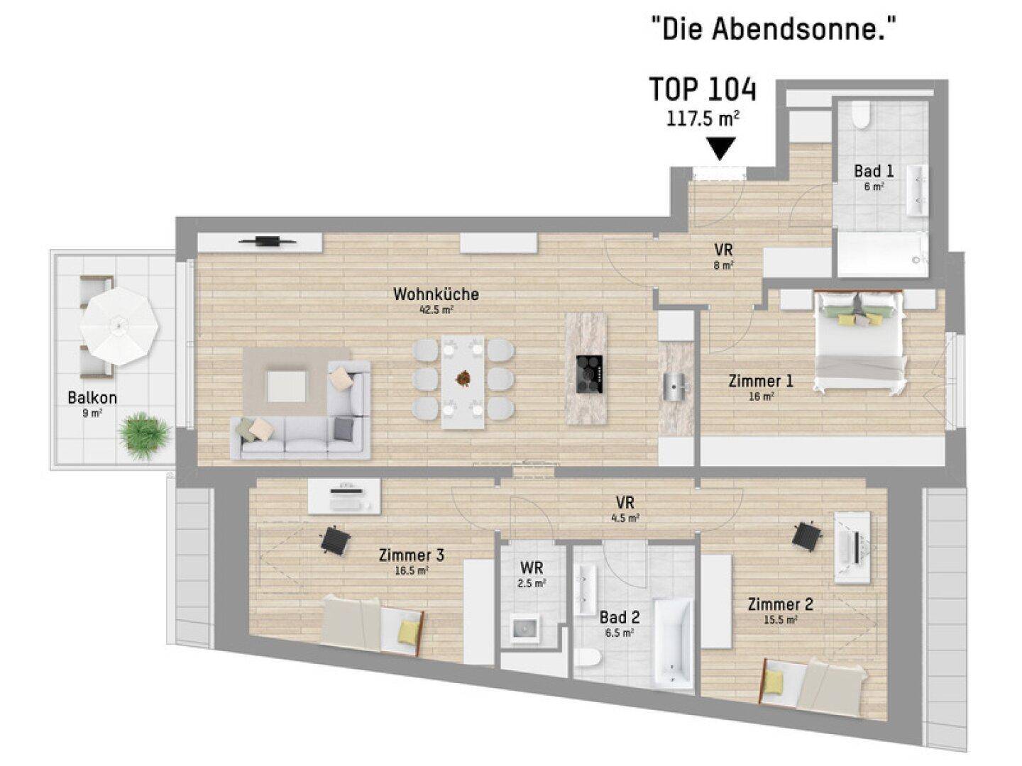 Grundriss der Wohnung TOP 104 mit 117,5 m², Wohnküche, drei Zimmern und Balkon.