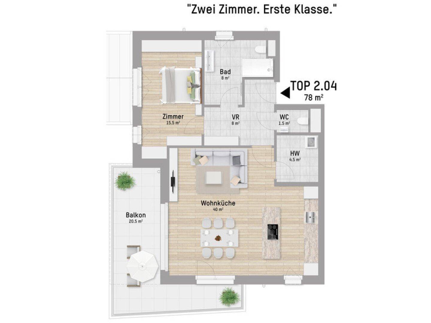 Grundriss einer modernen 78 m² Wohnung mit offenem Wohnbereich, Schlafzimmer, Bad, separatem WC und großem Balkon.